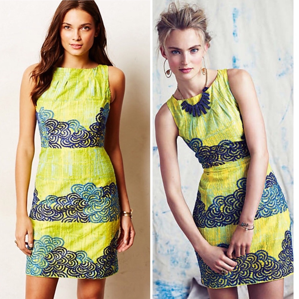 Anthropologie Yellow and Navy Patterned Sheath Dress